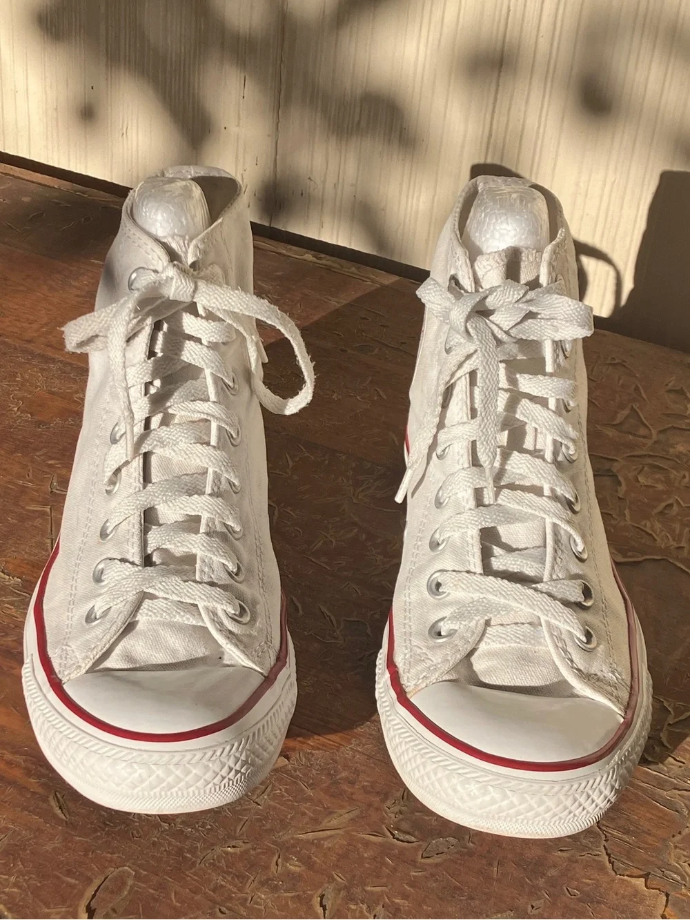 Converse White High Top Chuck Taylor All Star Sneakers with Red & Blue Trim - Picture 4 of 4